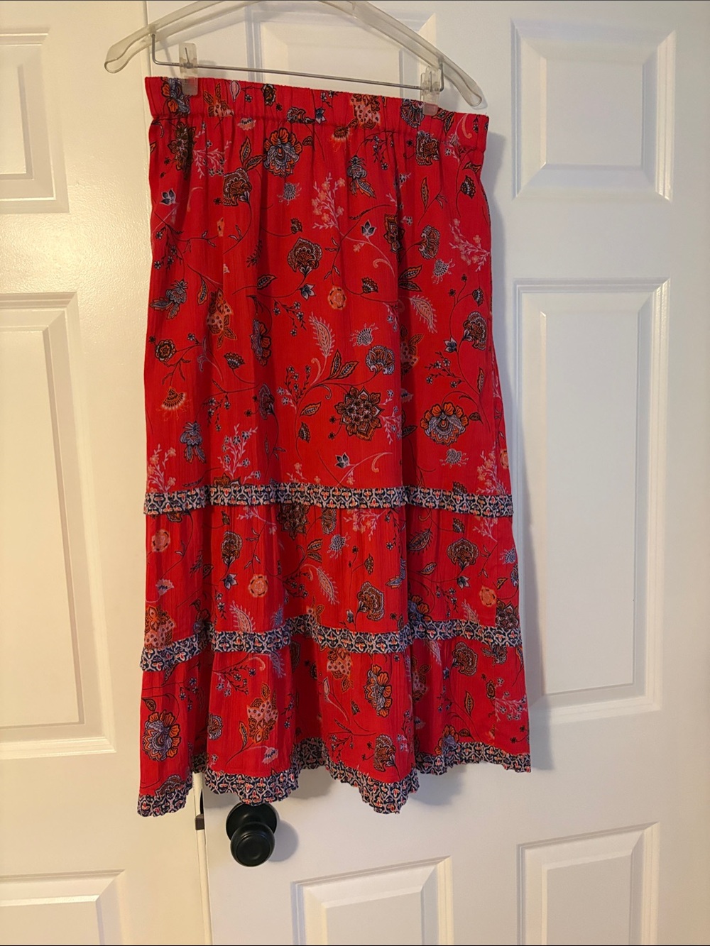 J Jill Red Floral Tiered Women's Midi Skirt